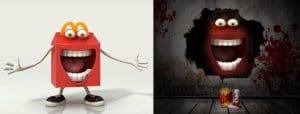 A picture of the happy meal guy baiting people with fries and new coke.